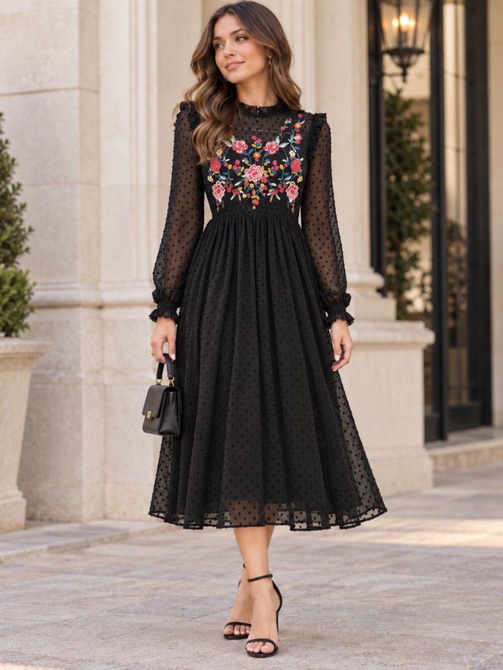 Braeve by Evereve Black Floral Embroidered Swiss Dot Maxi Dress Size Small
